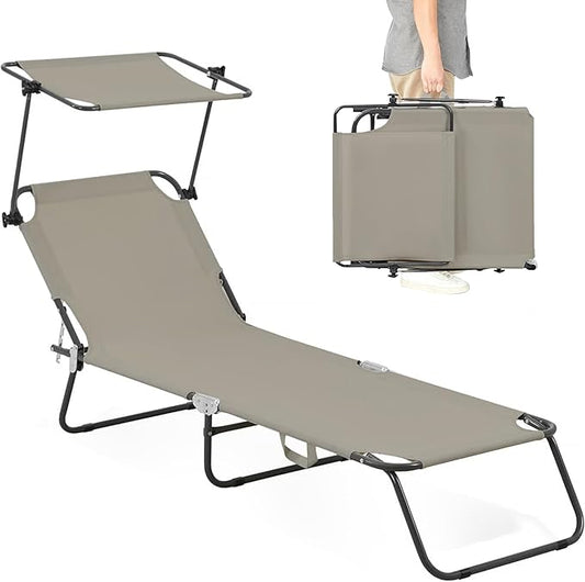 Folding Outdoor Lounge Chair Set of 2 with Adjustable Shade Canopy, Portable Sun Tanning Chairs, Gray (1, Taupe)