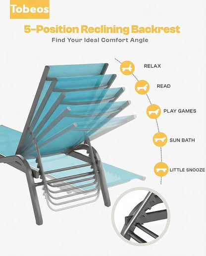 Outdoor Chaise Lounge Chair, 5-Position Adjustable Patio Lounge Chair with Ergonomic Aluminum Frame, Textilene Fabric Pool Loung Chairs for Poolside, Deck, Backyard (Lake Blue)