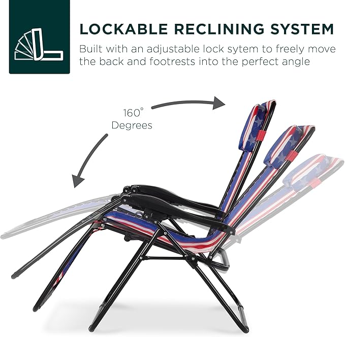 Best Choice Products Oversized Zero Gravity Chair, Folding Outdoor Patio Lounge Recliner w/Cup Holder Accessory Tray, Pillow - American Flag