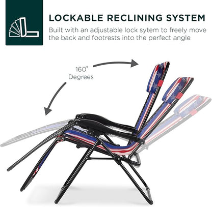 Best Choice Products Oversized Zero Gravity Chair, Folding Outdoor Patio Lounge Recliner w/Cup Holder Accessory Tray, Pillow - American Flag