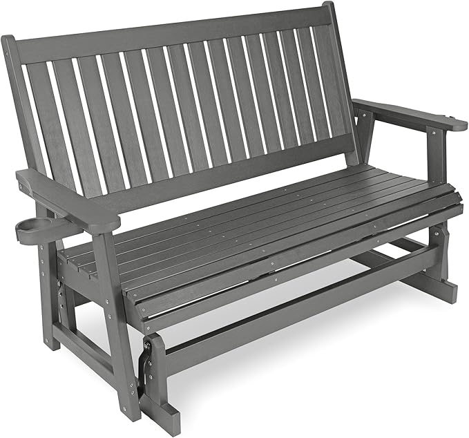 HIPS Patio Glider with Cup Holders, Durable Poly Lumber Material, All-Weather Resistant, High Backrest and Deep Contoured Seat, Heavy Duty 900 LB, for Outdoor, Porch, Patio (Gray, 3-Seat)