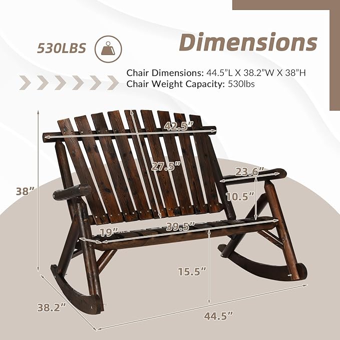 Outdoor Double Wooden Rocking Bench, Adirondack Porch Rocker Chair for 2 Persons, Patio Rustic Log Rocker Loveseat with High Slatted Seat & Backrest for Deck, Backyard, Garden, Carbonized