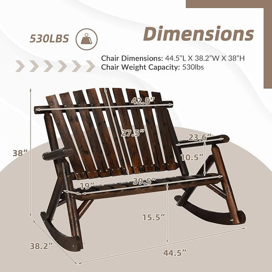 Outdoor Double Wooden Rocking Bench, Adirondack Porch Rocker Chair for 2 Persons, Patio Rustic Log Rocker Loveseat with High Slatted Seat & Backrest for Deck, Backyard, Garden, Carbonized
