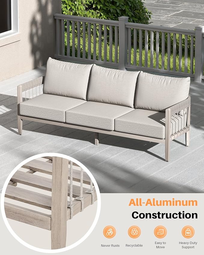 3-Seater Outdoor Aluminum Sofa, Never-Rust Patio Sofa Couch with Faux Wood Grain Finish Frame, Rope Weave Outdoor Sofa - Photo 4