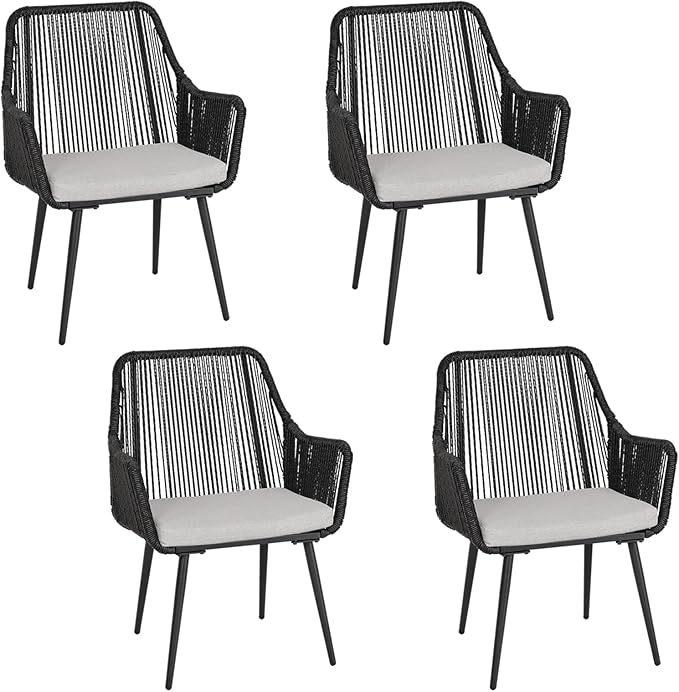 Patio Dining Chairs Outdoor Dining Chairs with Armrest and Cushion Set of 4, All-Weather Woven Twisted Wicker Rattan Chair, Modern Indoor Outdoor Seating for Garden, Lawn, Backyard, Black