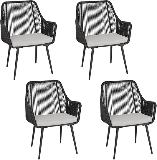 Patio Dining Chairs Outdoor Dining Chairs with Armrest and Cushion Set of 4, All-Weather Woven Twisted Wicker Rattan Chair, Modern Indoor Outdoor Seating for Garden, Lawn, Backyard, Black