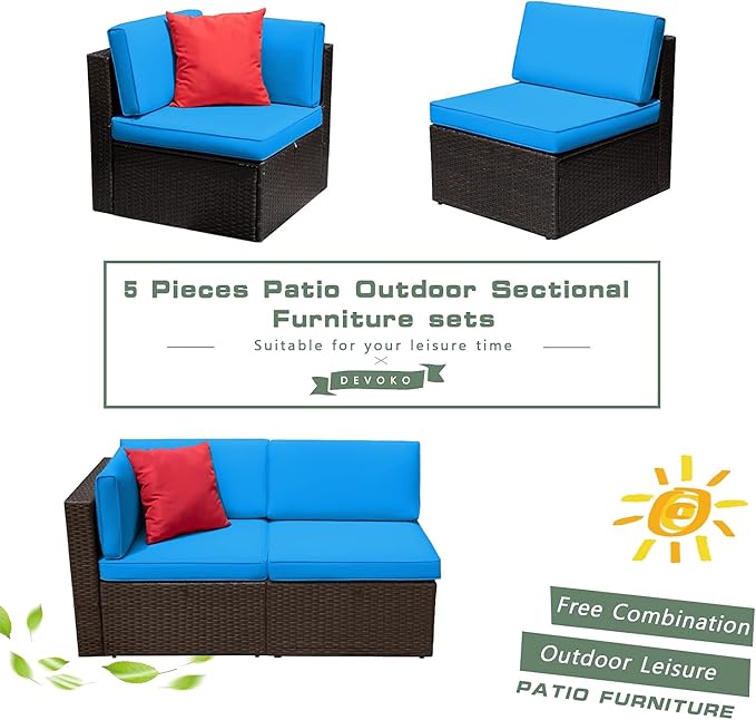 Devoko 2 Pieces Patio Furniture Sofa Sets Outdoor All Weather Sectional Corner Sofa and Armless Sofa (Blue) - Photo 5