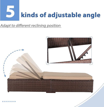 JOIVI Outdoor Chaise Lounge Chair, 3 Piece Patio Pool Lounge Chairs with Glass Top Coffee Table for Outside, Rattan Reclining Chaise Lounger with Adjustable Backrest and Beige Cushion, Brown PE Wicker