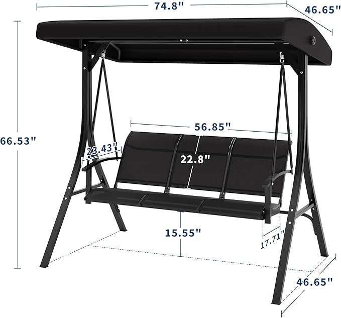 GAOMON 3-Seat Patio Swing Chair with Adjustable Canopy & Armrests, Breathable Textilene Fabric Seat & Backrest, Outdoor Porch Hanging Swing Bench for Garden, Poolside, Backyard – Black