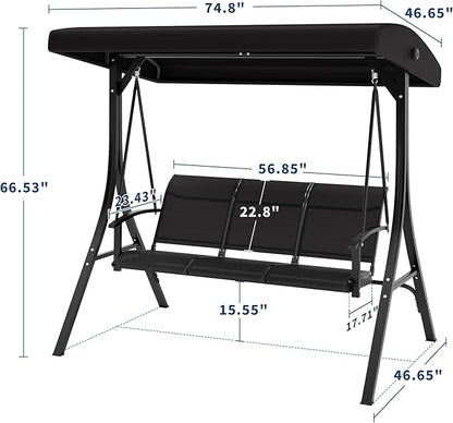 GAOMON 3-Seat Patio Swing Chair with Adjustable Canopy & Armrests, Breathable Textilene Fabric Seat & Backrest, Outdoor Porch Hanging Swing Bench for Garden, Poolside, Backyard – Black