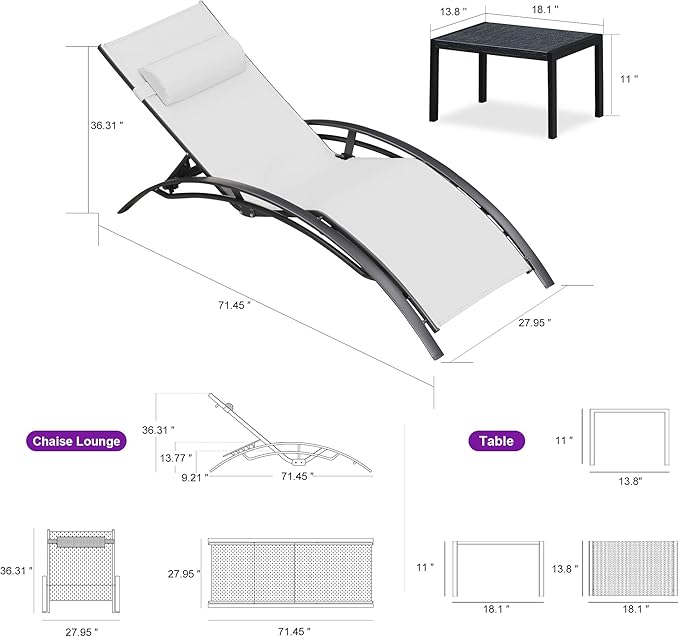 PURPLE LEAF Patio Oversized Chaise Lounge Chair Set with 2 Side Table Pool Adjustable Recliner Chairs for Outside Beach Outdoor Sunbathing Tanning Poolside Lounges