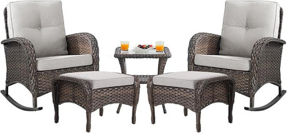 Belord Patio Rocking Chairs Furniture Set - 5 Piece Outdoor Wicker Furniture Sets with Ottomans, Small Patio Conversation Sets with Wicker Rocking Chairs Brown/Beige