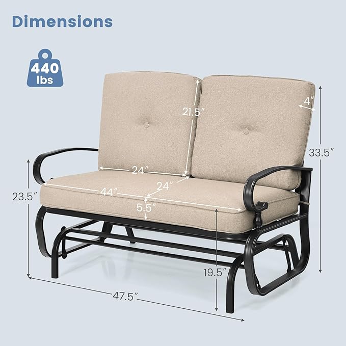 Tangkula Outdoor Swing Glider Chair, Patio Glider Bench for 2 Persons, Outdoor Rocking Loveseat with Steel Frame & Comfortable Cushions for Garden, Porch, Balcony, Poolside (Beige)