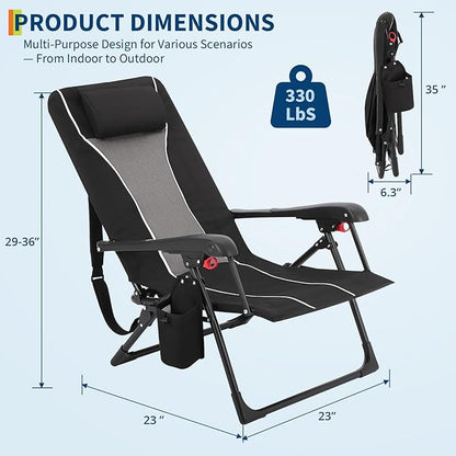 Folding Chaise Lounge Chair for Outdoor – Portable Backpack Reclining Camping Chair with Adjustable Backrest, Pillow & Breathable Fabric, Heavy-Duty 330lbs Capacity, Sun Lounger for Beach Patio Garden