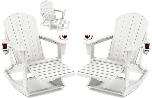 KINGYES Adirondack Rocking Chair Set of 2 with Retractable Ottoman and Cup Holders, HDPE Adirondack Rocker Patio Rocking Chair for Porch, Patio, Balcony, White