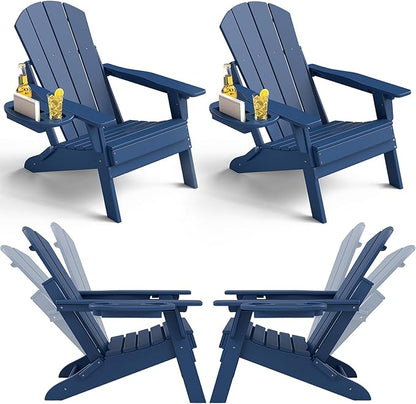 Adjustable Adirondack Chair Set of 4 with Cup Holder, All Weather HDPE Fire Pit Chairs for Deck, Backyard, Patio, Navy Blue