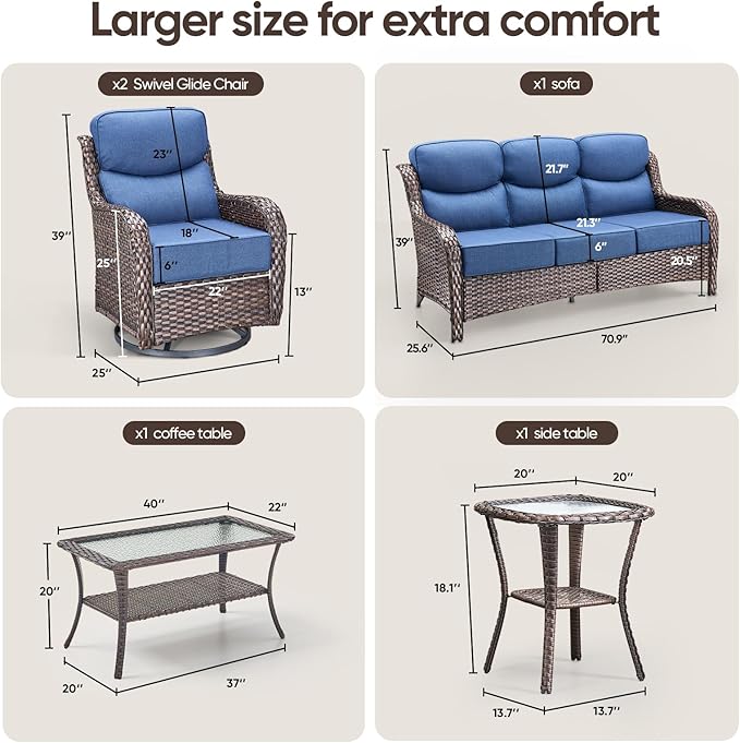 Swivel Patio Chairs sofa Set of 5 with 6" Thick Cushion - Wicker Outdoor Swivel Rocker Patio Chair ,Sofa/Glass coffee - Photo 2