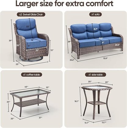 Swivel Patio Chairs sofa Set of 5 with 6" Thick Cushion - Wicker Outdoor Swivel Rocker Patio Chair ,Sofa/Glass coffee table, High Back Comfortable Outdoor Glider Chairs - Brown Wicker | Blue Cushions