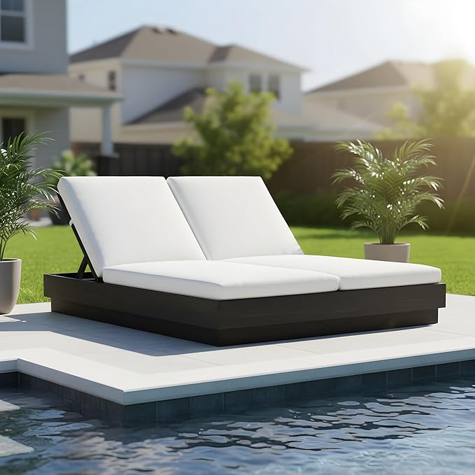 Christopher Knight Home Toridan Double Chaise Lounge Outdoor with Cushion, Acacia Wood Patio Chaise Lounge Set of 2, Adjustable Backrest Poolside Sun Lounger, Wood Sunbathing Chair, Black+White