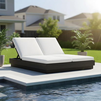 Christopher Knight Home Toridan Double Chaise Lounge Outdoor with Cushion, Acacia Wood Patio Chaise Lounge Set of 2, Adjustable Backrest Poolside Sun Lounger, Wood Sunbathing Chair, Black+White