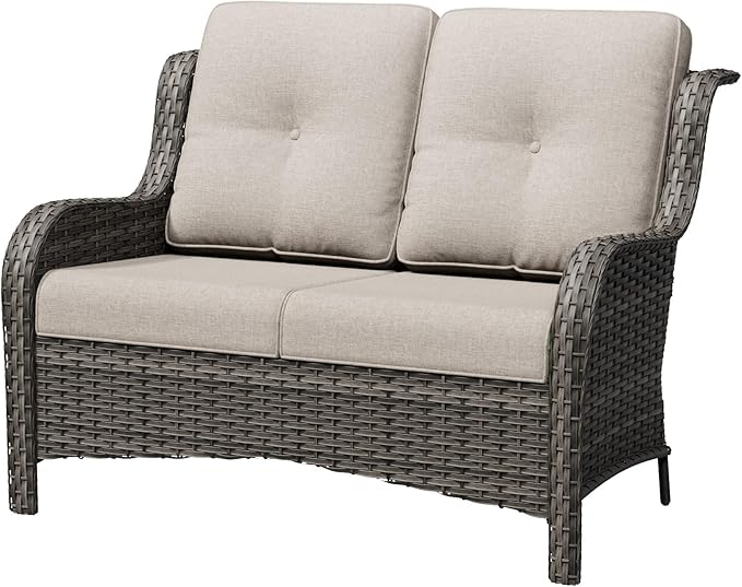 Wicker Patio Loveseat, 2 Seat Outdoor Couch with Thickened Olefin Cushions, High Back and Deep Seating, Hand-Woven PE Rattan for Porch, Deck, Balcony