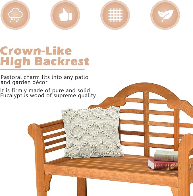 COSTWAY Folding Wooden Bench Outdoor, Crown-Like High Backrest, Patio Eucalyptus Wood Bench for Garden, Park & Porch - Photo 6