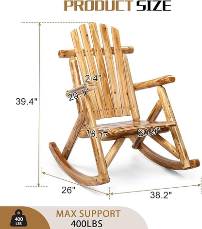 Outvita Wooden Rocking Chair, Fir Log Adirondack Rocker, Outdoor Wood Accent Furniture Lounge Chairs for Garden Patio Backyard Porch (Light carbonized)