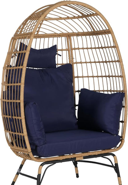Oversized Wicker Egg Chair with Ottoman, Rattan Patio Egg Chair with Stand and Thick Cushions, Indoor Outdoor Lounge Chair for Backyard, Balcony, Living Room, Blue＋Ottoman