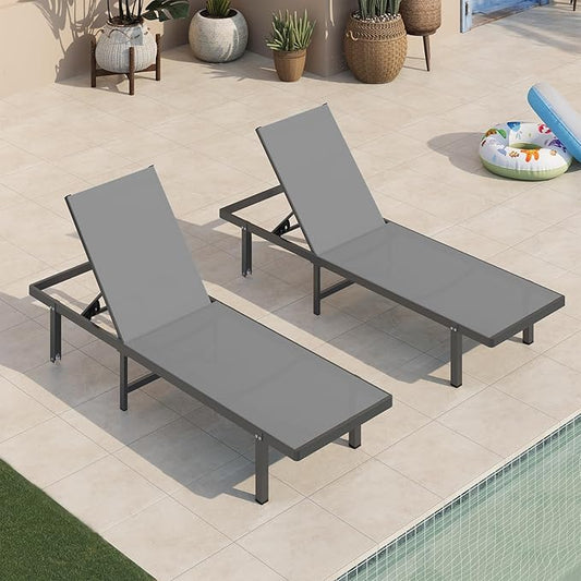 Aluminum Outdoor Lounge Chairs Set of 2, Pool Lounge Chairs with Wheels and 5-Position Recliner -Easy to Move- Patio Chaise Lounge Outdoor for Poolside, Deck, Beach (Darkgray)