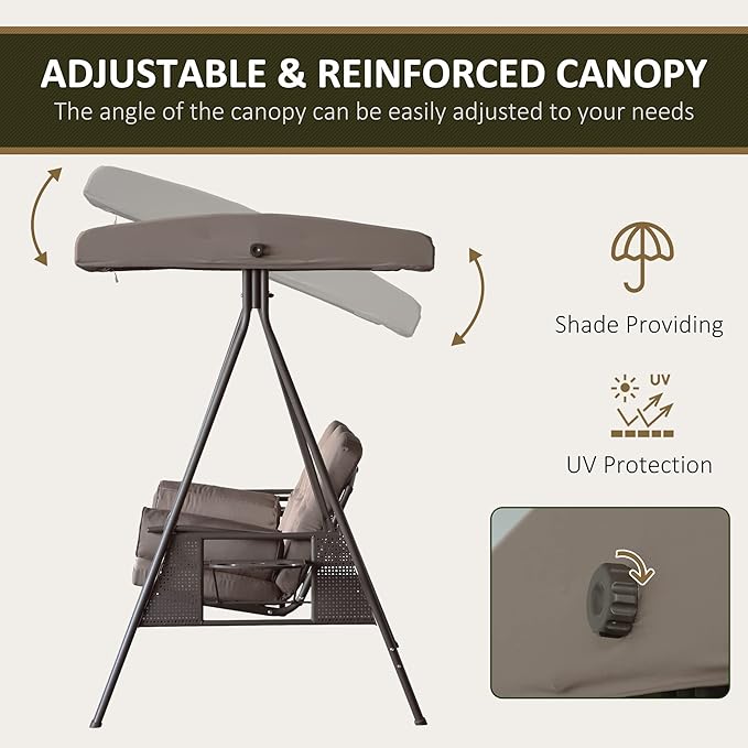 Outsunny 3-Seat Patio Swing Chair, Outdoor Porch Swing Glider with Adjustable Canopy, Removable Cushion - Photo 3