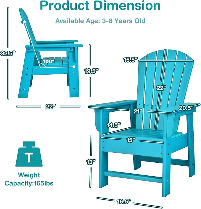 Giantex Adirondack Chair, Kids HDPE Patio Lawn Chair with Ergonomic Backrest for Deck, Porch, Backyard, Poolside, Indoor, Weather Resistance Toddler Outdoor Chair (2, Turquoise)