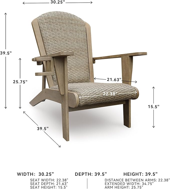 Signature Design by Ashley Bradstreet Bay Casual Outdoor Eucalyptus Wood Padded High Back Adirondack Chair with Handwoven Resin Wicker, Beige
