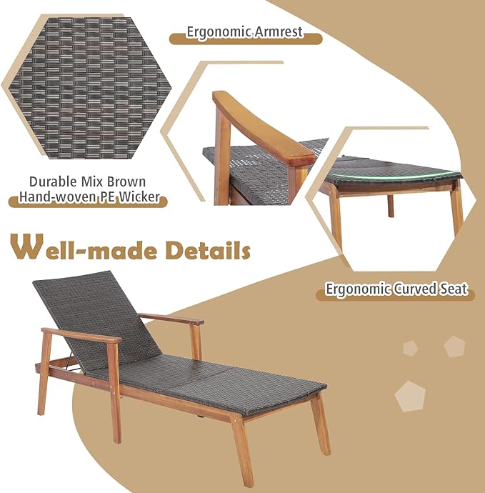 COSTWAY Patio Rattan Chaise Lounge Chair Recliner Back Adjustable Acacia Wood Garden - Photo 8