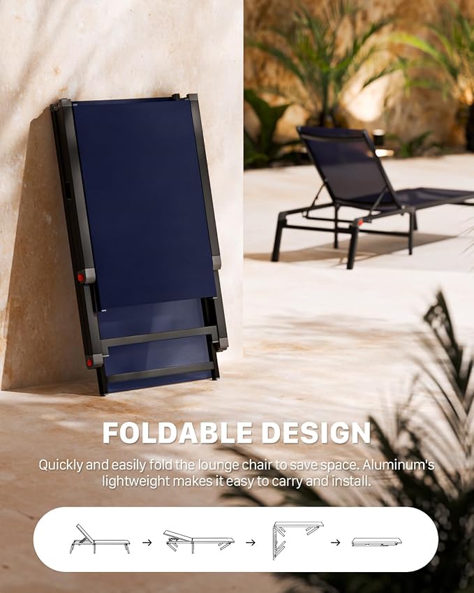 Aluminum Chaise Foldable Patio Lounge Chair Outdoor, Deck Lounger Adjustable 5-Position Recliner Pool Chase Breathable Full Flat Outside Sun Tanning Chairs for Beach/Poolside/Lawn(Navy Blue, 2 Pack)