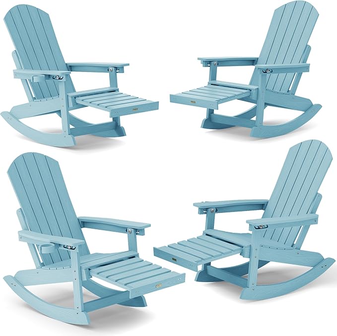 YEFU Rocking Chairs Outdoor Set of 4, Adirondack Chairs with Retractable Ottoman, Adjustable Adirondack Rocking Chair,Rockings Chair Outside,Weather Resistant,for Patio,Porch,Lawn,Heavy Duty,Blue