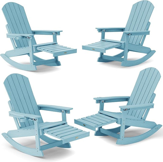 YEFU Rocking Chairs Outdoor Set of 4, Adirondack Chairs with Retractable Ottoman, Adjustable Adirondack Rocking Chair,Rockings Chair Outside,Weather Resistant,for Patio,Porch,Lawn,Heavy Duty,Blue
