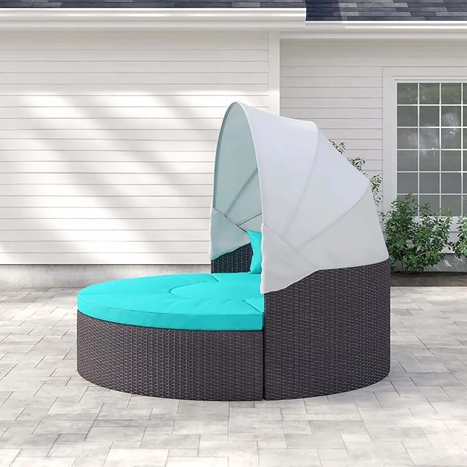 Modway Convene Wicker Rattan Outdoor Patio Retractable Canopy Round Poolside Sectional Sofa Daybed with Cushions in Espresso Turquoise