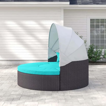 Modway Convene Wicker Rattan Outdoor Patio Retractable Canopy Round Poolside Sectional Sofa Daybed with Cushions in Espresso Turquoise