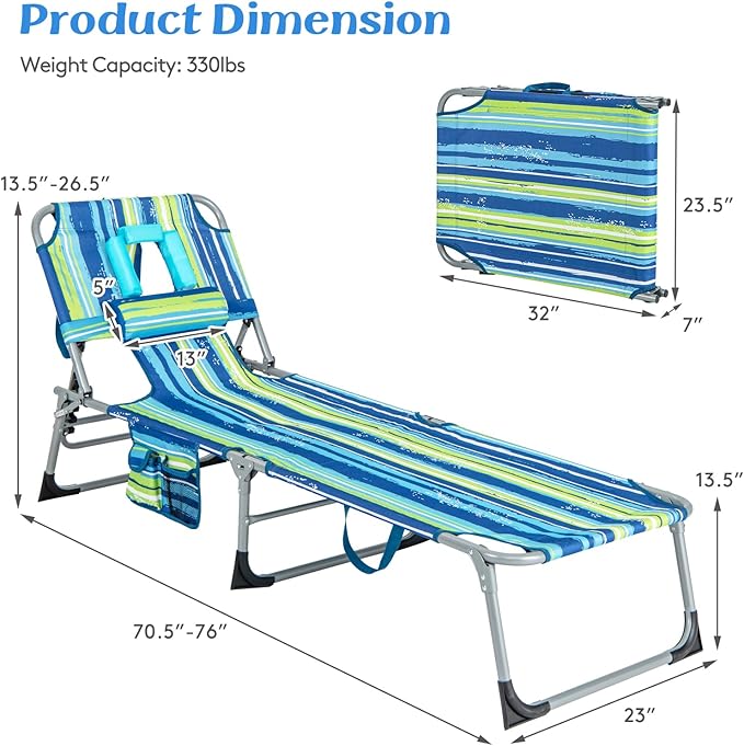 GYMAX Tanning Chair, Folding Lounger with Face/Arm Holes, Carry Handles & Side Pocket - Photo 2