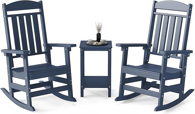 FOOWIN 3-Piece Outdoor Rocking Chairs Set, High Back Patio Rocker with Side Table, HDPE All Weather Resistant Oversized Rocking Chairs for Indoors, Porch, Patio, Backyard, Navy Blue