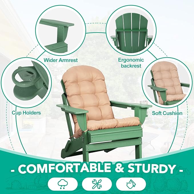 Adirondack Chairs Set of 2 with Cushions & Cup Holders, HDPE Weather Resistant Folding Adirondack Chair for Adults - Photo 4