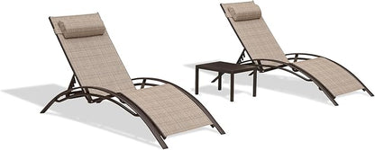 PURPLE LEAF Outdoor Chaise Lounge Chair Set of 3 Patio Pool Lounger Bronze Aluminum Chairs with Side Table Adjustable Tanning Recliner for Outside Backyard Yard Deck Balcony Beach Khaki
