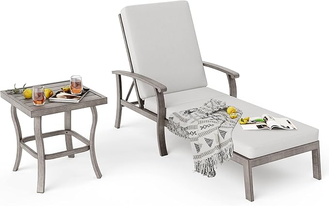 HAPPATIO Aluminum Patio Chaise Lounge Set 2 Pieces, Aluminum Patio Lounge Chair with Side Table, Pool Lounge Chair with Cushion for Patio Deck Poolside (Gray)