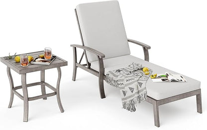 HAPPATIO Aluminum Patio Chaise Lounge Set 2 Pieces, Aluminum Patio Lounge Chair with Side Table, Pool Lounge Chair with Cushion for Patio Deck Poolside (Gray)