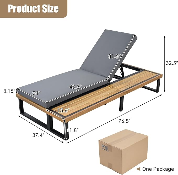 Outdoor Chaise Lounge Chair Set of 2, 5-Position Adjustable Lounge Chair Set with Side Table, Gray - Photo 2