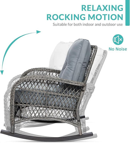 MEETWARM Outdoor Wicker Rocking Chairs Set of 2, Rattan Patio Rocker Chairs with Thick Cushions and High Back, All-Weather Patio Wicker Chair with Safe Rocking Design for Garden, Gray