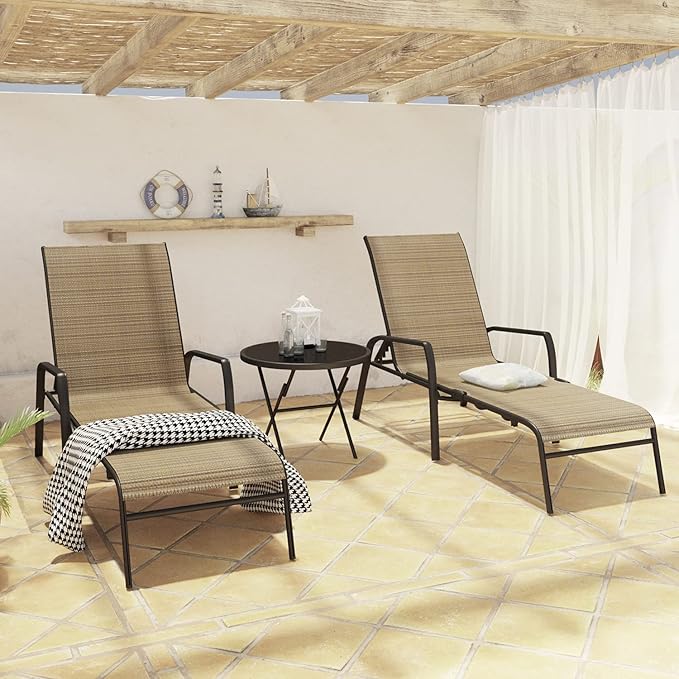 Devoko Patio Chaise Lounges Sets Outdoor Lounge Chairs with Adjustable Backrest & Sturdy Glass Top Coffee Table Suitable for Poolside, Beach, Backyard, Garden (Beige)