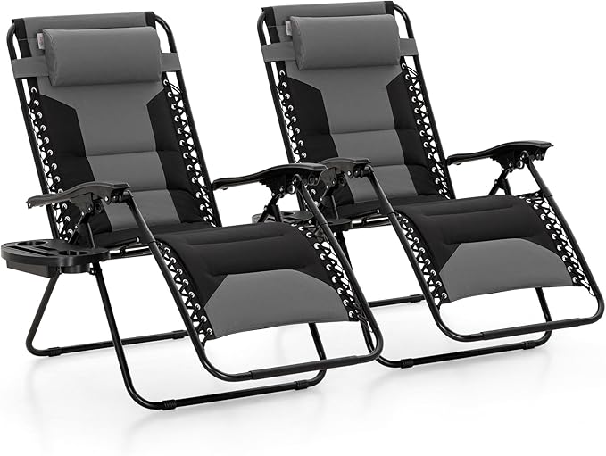 MAISON ARTS Oversized Zero Gravity Chairs Set of 2, Folding Padded Recliner Anti Gravity Lounge Chair with 28" Wide Seat and Cup Holder, Support 400lbs, Grey & Black