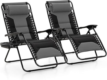 MAISON ARTS Oversized Zero Gravity Chairs Set of 2, Folding Padded Recliner Anti Gravity Lounge Chair with 28" Wide Seat and Cup Holder, Support 400lbs, Grey & Black