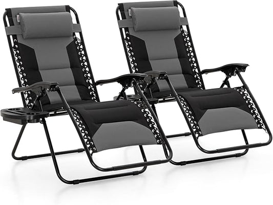 MAISON ARTS Oversized Zero Gravity Chairs Set of 2, Folding Padded Recliner Anti Gravity Lounge Chair with 28" Wide Seat and Cup Holder, Support 400lbs, Grey & Black
